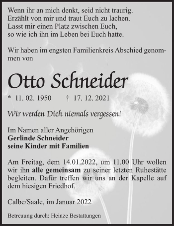 Traueranzeige von Otto Schneider  von Magdeburger Volksstimme