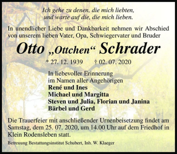 Traueranzeige von Otto Schrader  von Magdeburger Volksstimme