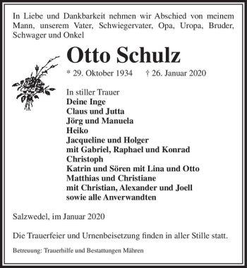 Traueranzeige von Otto Schulz  von Magdeburger Volksstimme