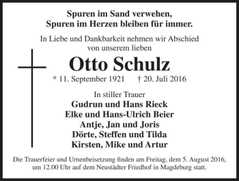 Traueranzeige von Otto Schulz  von Magdeburger Volksstimme
