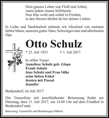 Traueranzeige von Otto Schulz  von Magdeburger Volksstimme