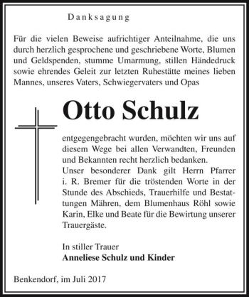 Traueranzeige von Otto Schulz  von Magdeburger Volksstimme