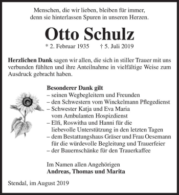 Traueranzeige von Otto Schulz  von Magdeburger Volksstimme