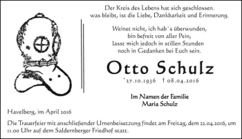 Traueranzeige von Otto Schulz  von Magdeburger Volksstimme