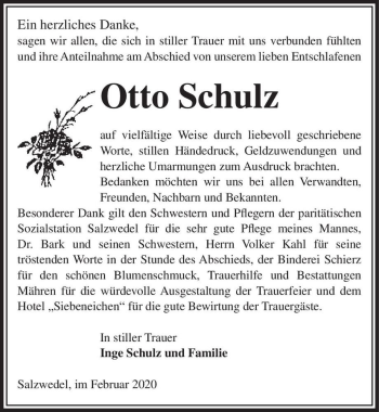 Traueranzeige von Otto Schulz  von Magdeburger Volksstimme
