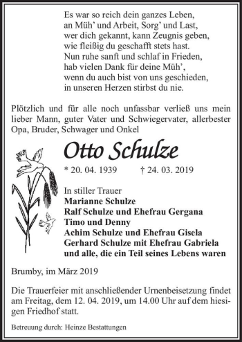 Traueranzeige von Otto Schulze  von Magdeburger Volksstimme