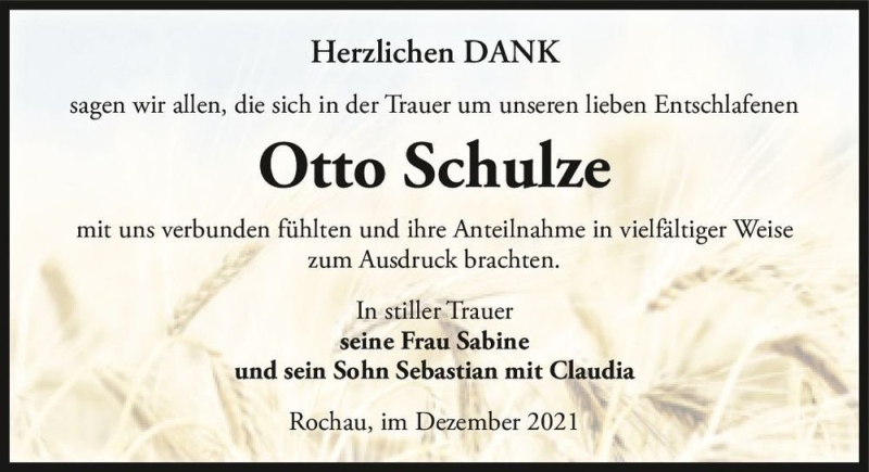  Traueranzeige für Otto Schulze  vom 17.12.2021 aus Magdeburger Volksstimme