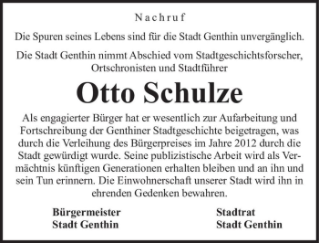Traueranzeige von Otto Schulze  von Magdeburger Volksstimme