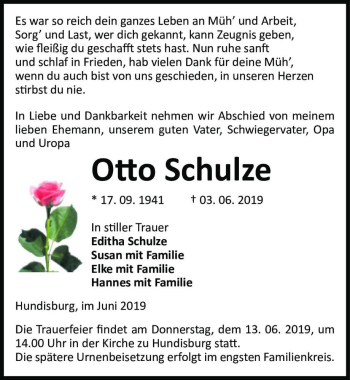 Traueranzeige von Otto Schulze  von Magdeburger Volksstimme