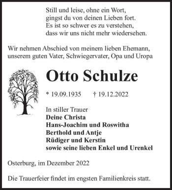 Traueranzeige von Otto Schulze  von Magdeburger Volksstimme