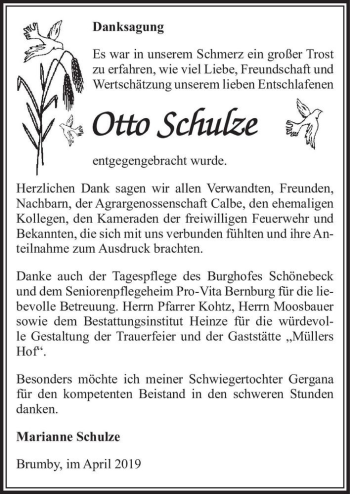 Traueranzeige von Otto Schulze  von Magdeburger Volksstimme