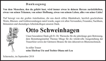 Traueranzeige von Otto Schweinhagen  von Magdeburger Volksstimme