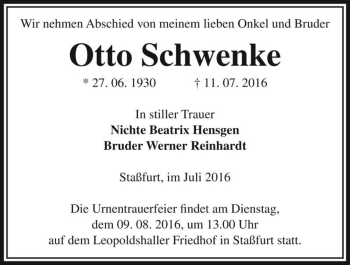 Traueranzeige von Otto Schwenke  von Magdeburger Volksstimme
