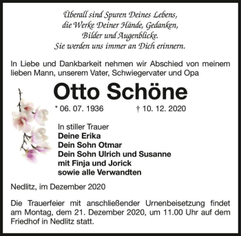Traueranzeige von Otto Schöne  von Magdeburger Volksstimme