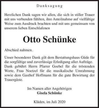 Traueranzeige von Otto Schünke  von Magdeburger Volksstimme