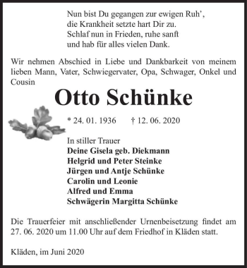 Traueranzeige von Otto Schünke  von Magdeburger Volksstimme
