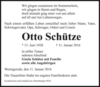Traueranzeige von Otto Schütze  von Magdeburger Volksstimme
