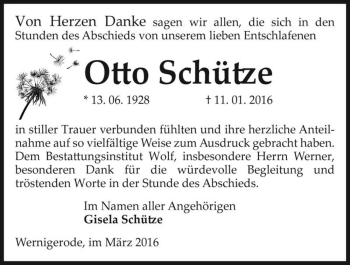 Traueranzeige von Otto Schütze  von Magdeburger Volksstimme