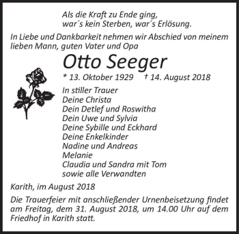 Traueranzeige von Otto Seeger  von Magdeburger Volksstimme