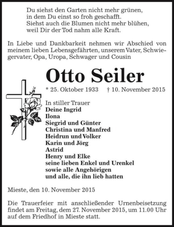 Traueranzeige von Otto Seiler  von Magdeburger Volksstimme