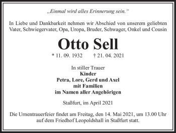 Traueranzeige von Otto Sell  von Magdeburger Volksstimme
