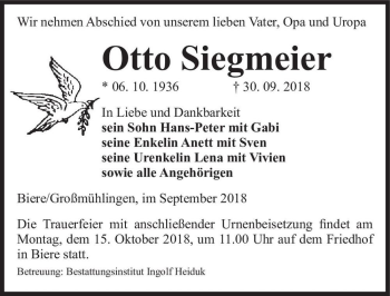 Traueranzeige von Otto Siegmeier  von Magdeburger Volksstimme