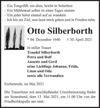 Traueranzeige von Otto Silberborth  von Magdeburger Volksstimme