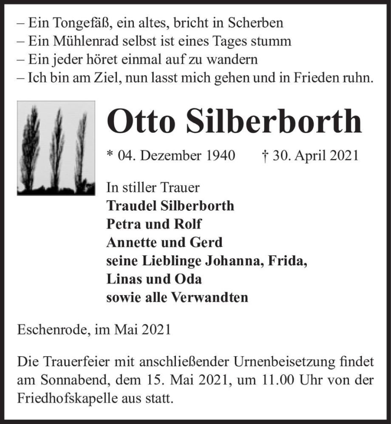  Traueranzeige für Otto Silberborth  vom 04.05.2021 aus Magdeburger Volksstimme