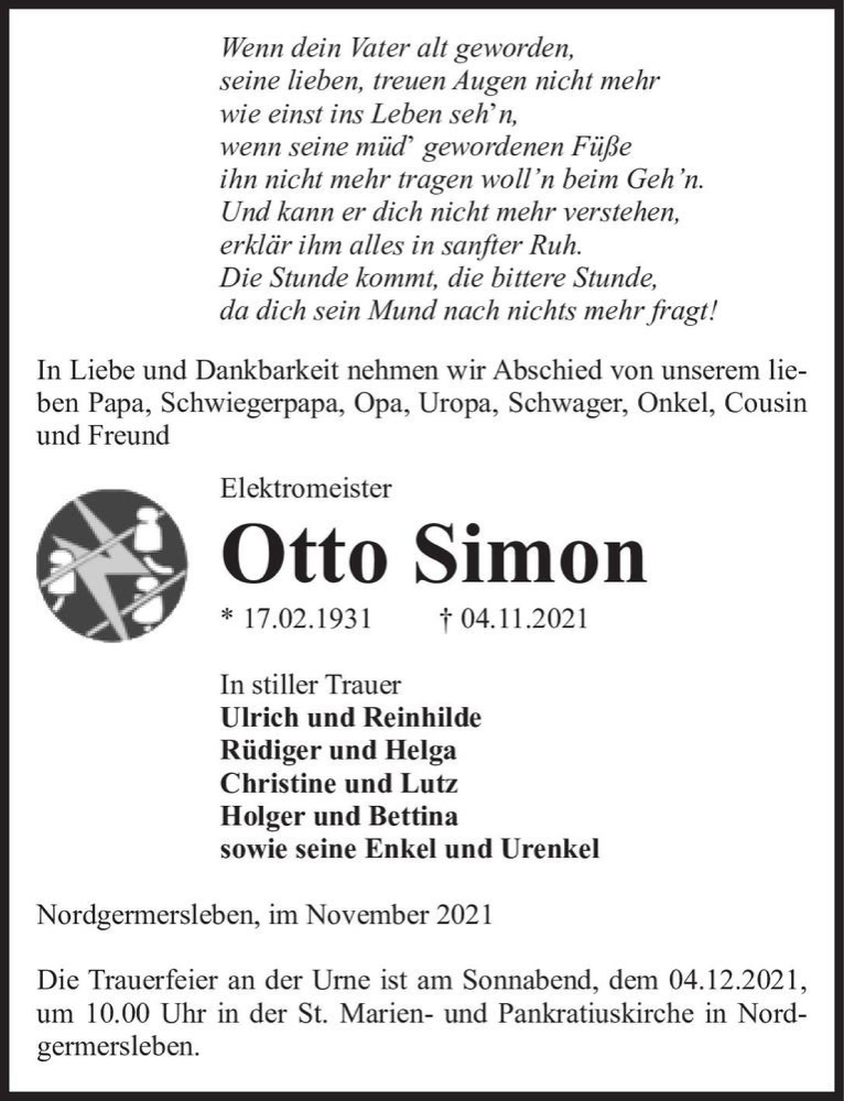 Traueranzeige für Otto Simon  vom 27.11.2021 aus Magdeburger Volksstimme