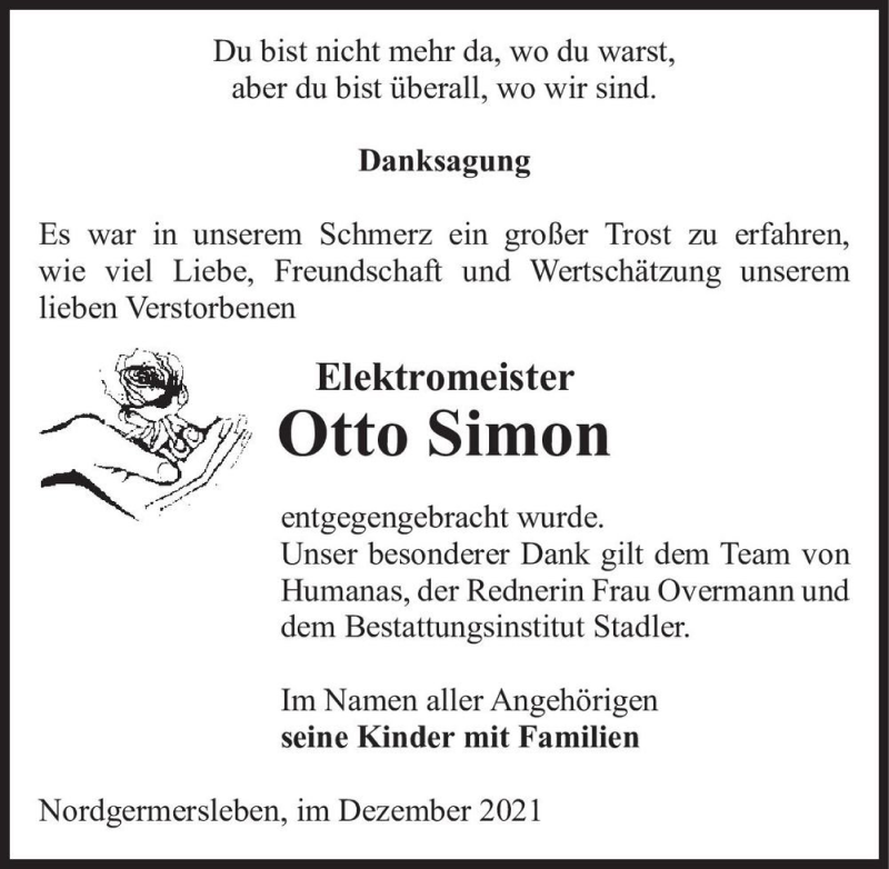  Traueranzeige für Otto Simon  vom 11.12.2021 aus Magdeburger Volksstimme