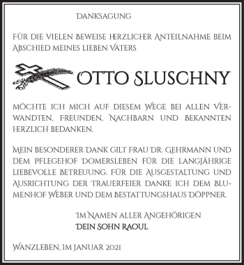 Traueranzeige von Otto Sluschny  von Magdeburger Volksstimme