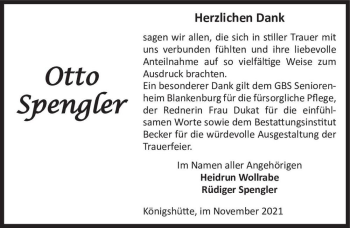 Traueranzeige von Otto Spengler  von Magdeburger Volksstimme