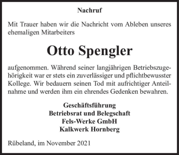 Traueranzeige von Otto Spengler  von Magdeburger Volksstimme