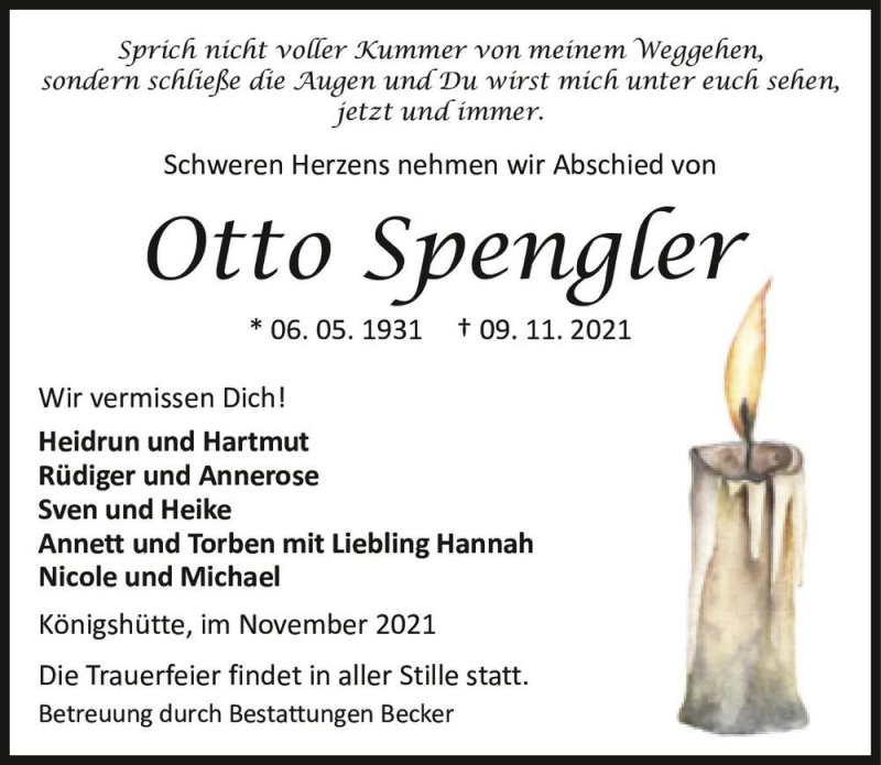  Traueranzeige für Otto Spengler  vom 13.11.2021 aus Magdeburger Volksstimme