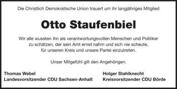 Traueranzeige von Otto Staufenbiel  von Magdeburger Volksstimme