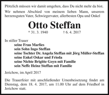 Traueranzeige von Otto Steffan  von Magdeburger Volksstimme