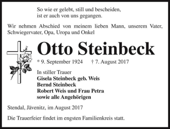 Traueranzeige von Otto Steinbeck  von Magdeburger Volksstimme