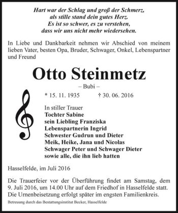 Traueranzeige von Otto Steinmetz (Bubi)  von Magdeburger Volksstimme