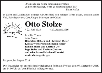 Traueranzeige von Otto Stolze  von Magdeburger Volksstimme
