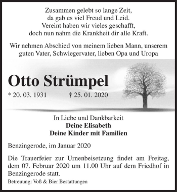 Traueranzeige von Otto Strümpel  von Magdeburger Volksstimme