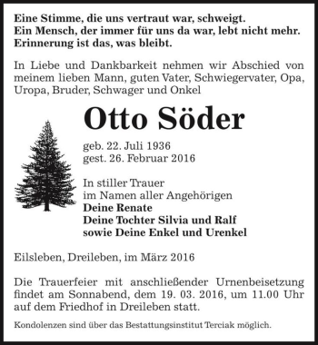 Traueranzeige von Otto Söder  von Magdeburger Volksstimme
