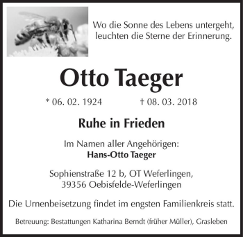 Traueranzeige von Otto Taeger  von Magdeburger Volksstimme