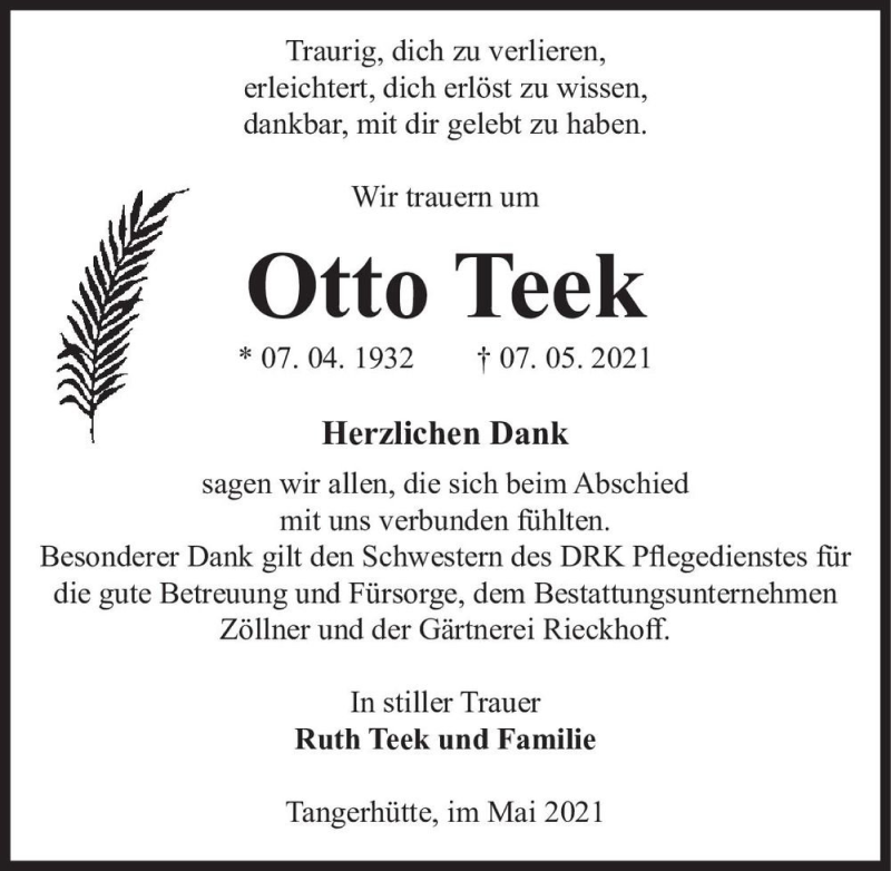  Traueranzeige für Otto Teek  vom 22.05.2021 aus Magdeburger Volksstimme