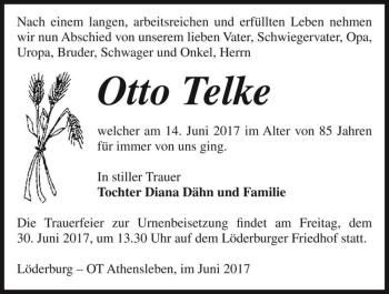 Traueranzeige von Otto Telke  von Magdeburger Volksstimme