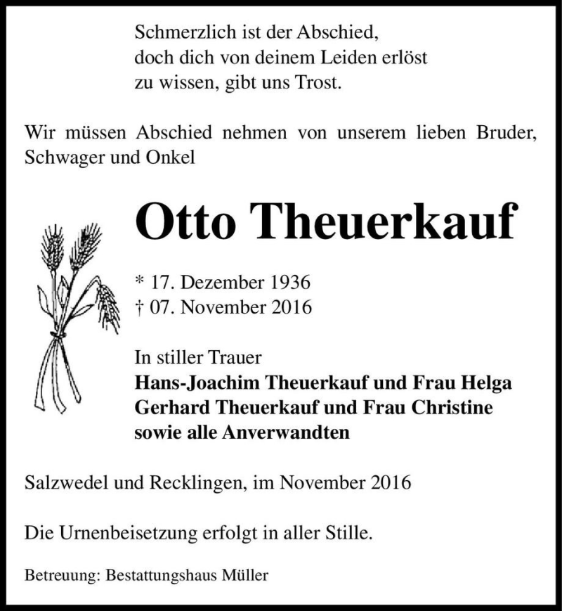  Traueranzeige für Otto Theuerkauf  vom 09.11.2016 aus Magdeburger Volksstimme
