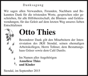Traueranzeige von Otto Thies  von Magdeburger Volksstimme