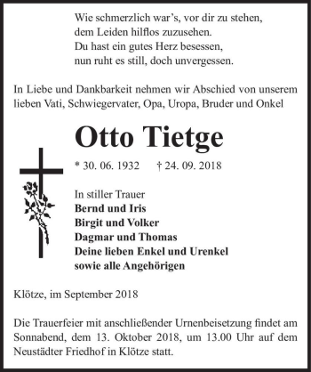 Traueranzeige von Otto Tietge  von Magdeburger Volksstimme