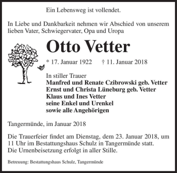 Traueranzeige von Otto Vetter  von Magdeburger Volksstimme