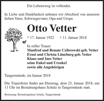 Traueranzeige von Otto Vetter  von Magdeburger Volksstimme