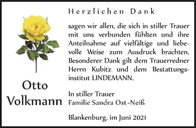  Traueranzeige für Otto Volkmann  vom 12.06.2021 aus Magdeburger Volksstimme
